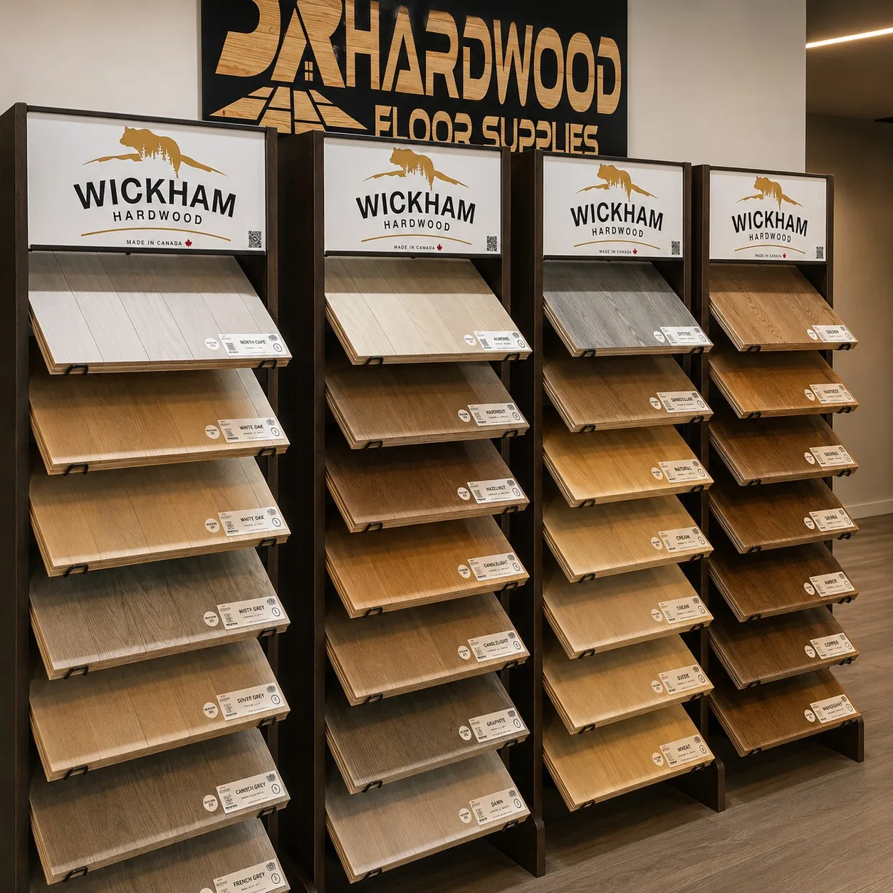 Wickham Hardwood solid flooring display at JR Hardwood Supplies in Falmouth MA
